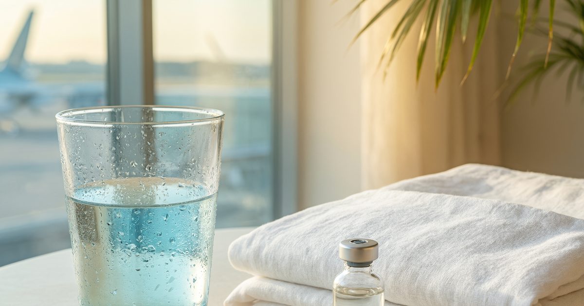 Deep hydration boosters for international visitors in Phuket — travel wellness still life with serum vial