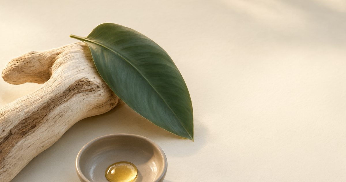 Healthy tropical ageing — driftwood, green leaf and golden serum for long-term skin maintenance in hot climates